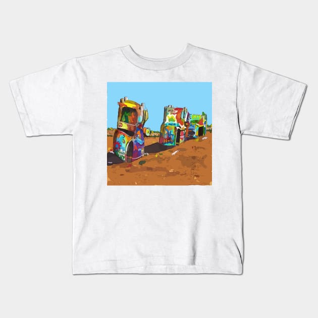 Cadillac Ranch, Route 66 Kids T-Shirt by WelshDesigns